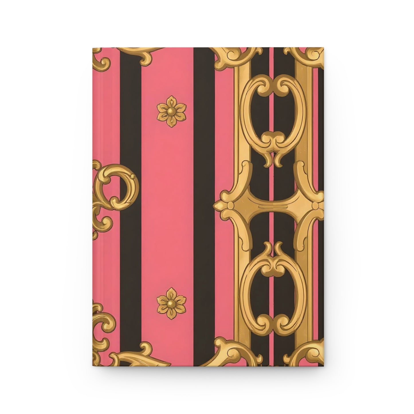 Elegant Hardbound Journal for Creative Minds, Stationery Gift, Floral Note Book - Pink & Black Striped Gold Baroque