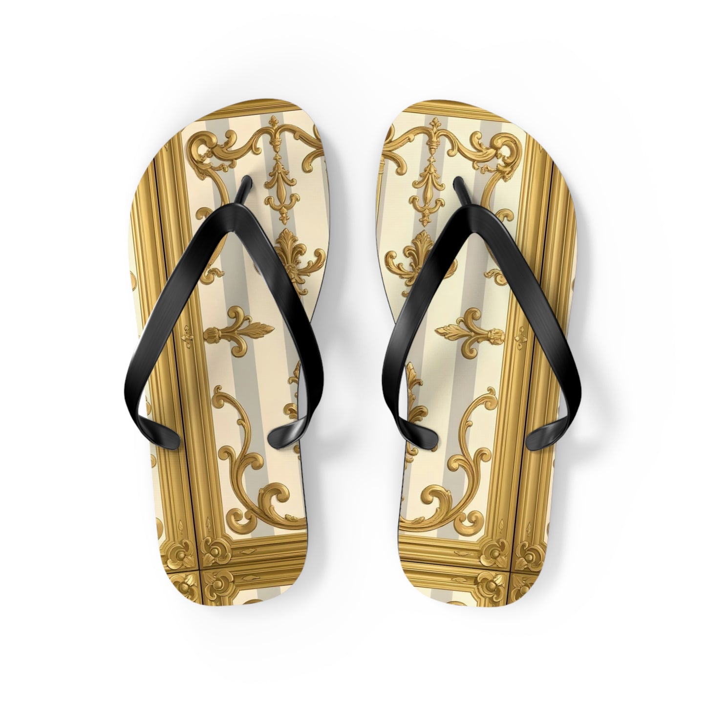 Chic Decorative Flip Flops for Beach, Summer Vibes, Vacation Footwear, Luxury Poolside Slippers - Matte Gray & Cream Striped Gold Baroque