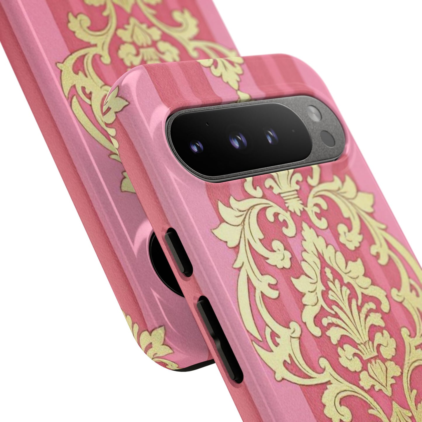 Elegant Floral Motif Phone Case - Tough Cases with Vintage Design - Pink Striped Damask