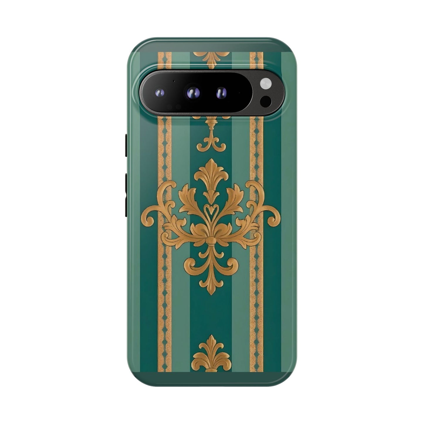 Elegant Floral Motif Phone Case - Tough Cases with Vintage Design - Teal Striped Gold Damask