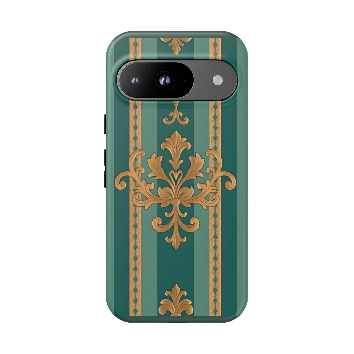 Elegant Floral Motif Phone Case - Tough Cases with Vintage Design - Teal Striped Gold Damask