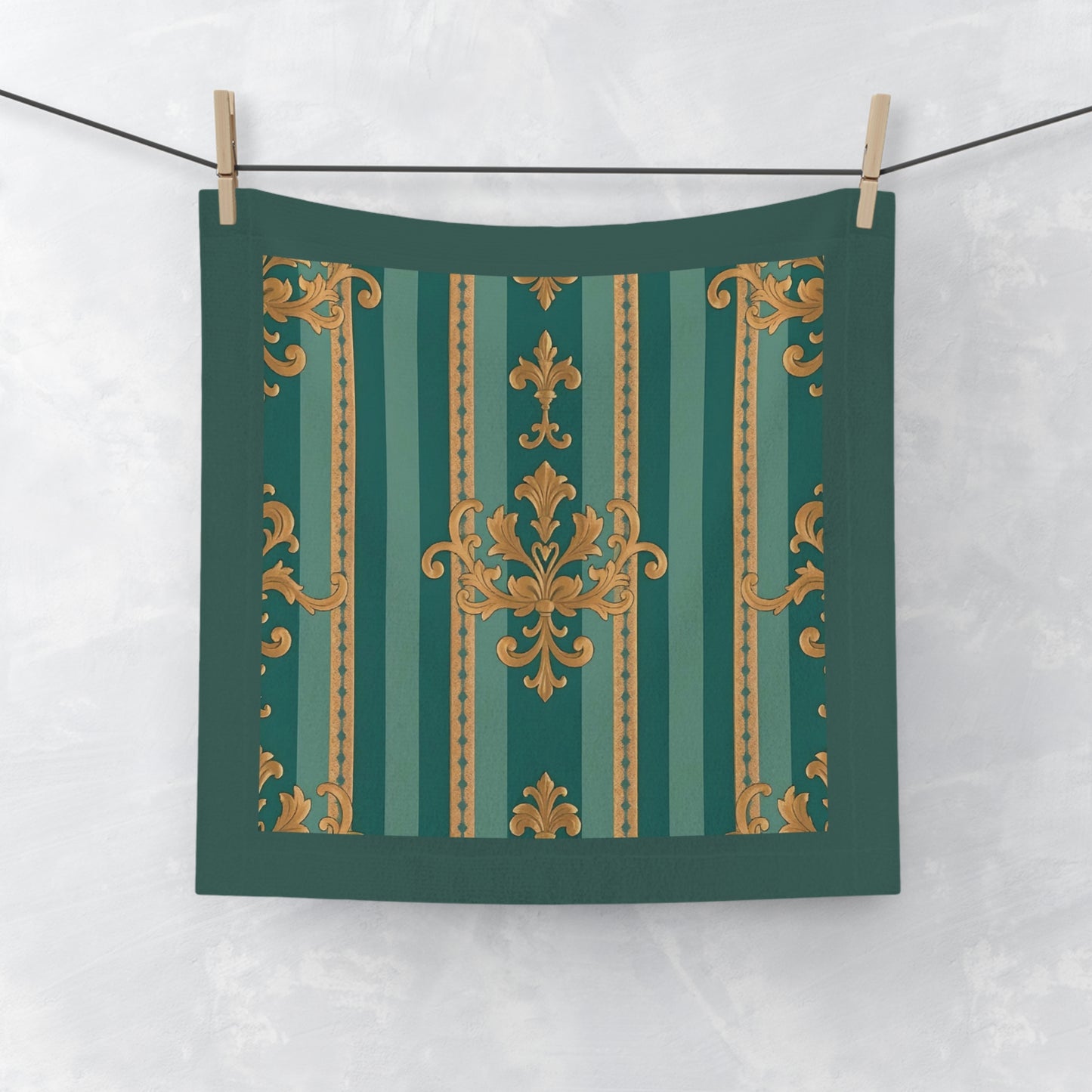 Elegant Vintage Face Towel – Luxurious Gold Pattern for Home & Spa - Teal Striped Gold Damask