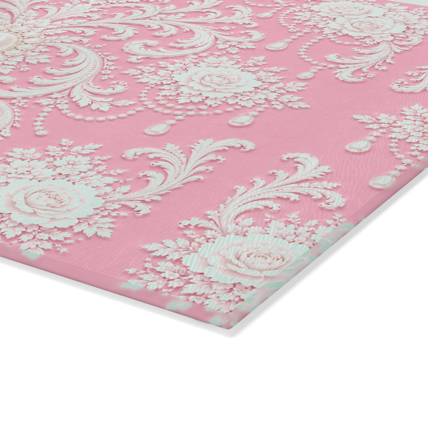 Pink Rococo Glass Cutting Board – Elegant Floral Pattern Kitchen Board