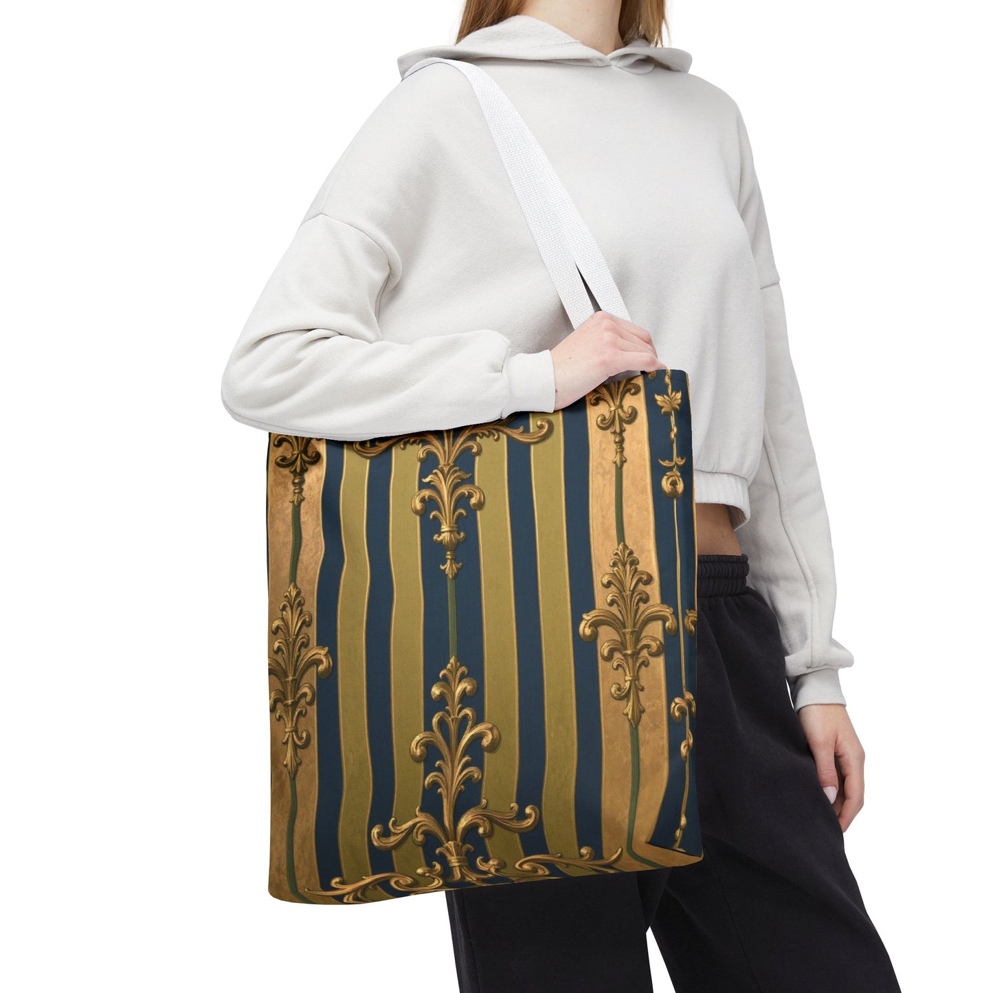 Elegant Midnight Blue & Olive Striped Gold Baroque Golden Striped Tote Bag, Stylish Shopping Bag, Trendy Handbag, Chic Gift for Her