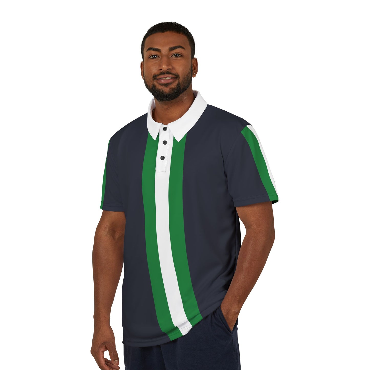 Lunar Midnight & Green-White Striped Stylish Unisex Polo Shirt - Sporty Vibe, Casual Wear, Perfect for Summer, Gift for Men and Women