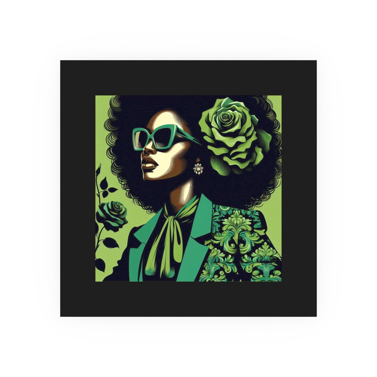 Chic Afrocentric Art Poster, Vibrant Wall Décor, Stylish Home Decoration, Damask Chic Art Print - Lady In Green Damask