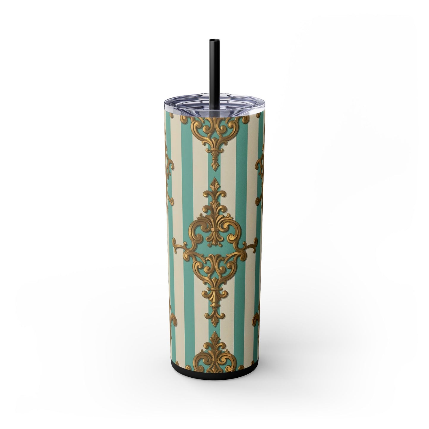 Elegant Vintage Skinny Tumbler with Straw, 20oz, Stylish Drinkware, Perfect Gift for Home, Coffee Lovers - Matte Green Striped Rococo