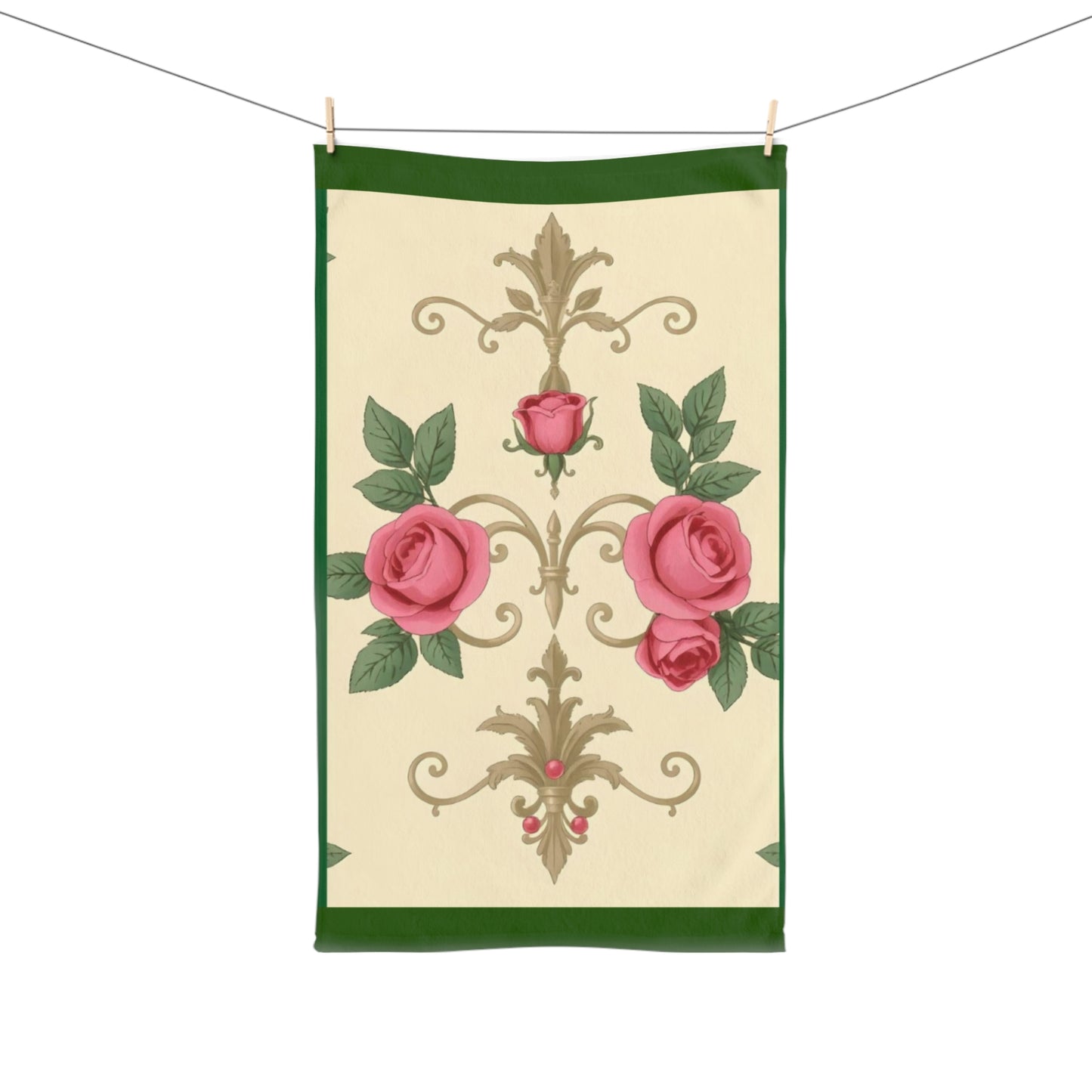 Luxurious Ornate Hand Towel - Elegant Home Décor - Green Border Roses & Damask