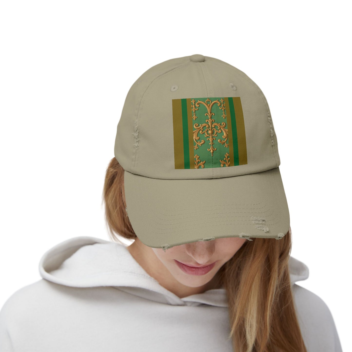 Stylish Unisex Distressed Cap with Unique Floral Design, Trending Accessory for Men and Women - Olive Green Striped Rococo