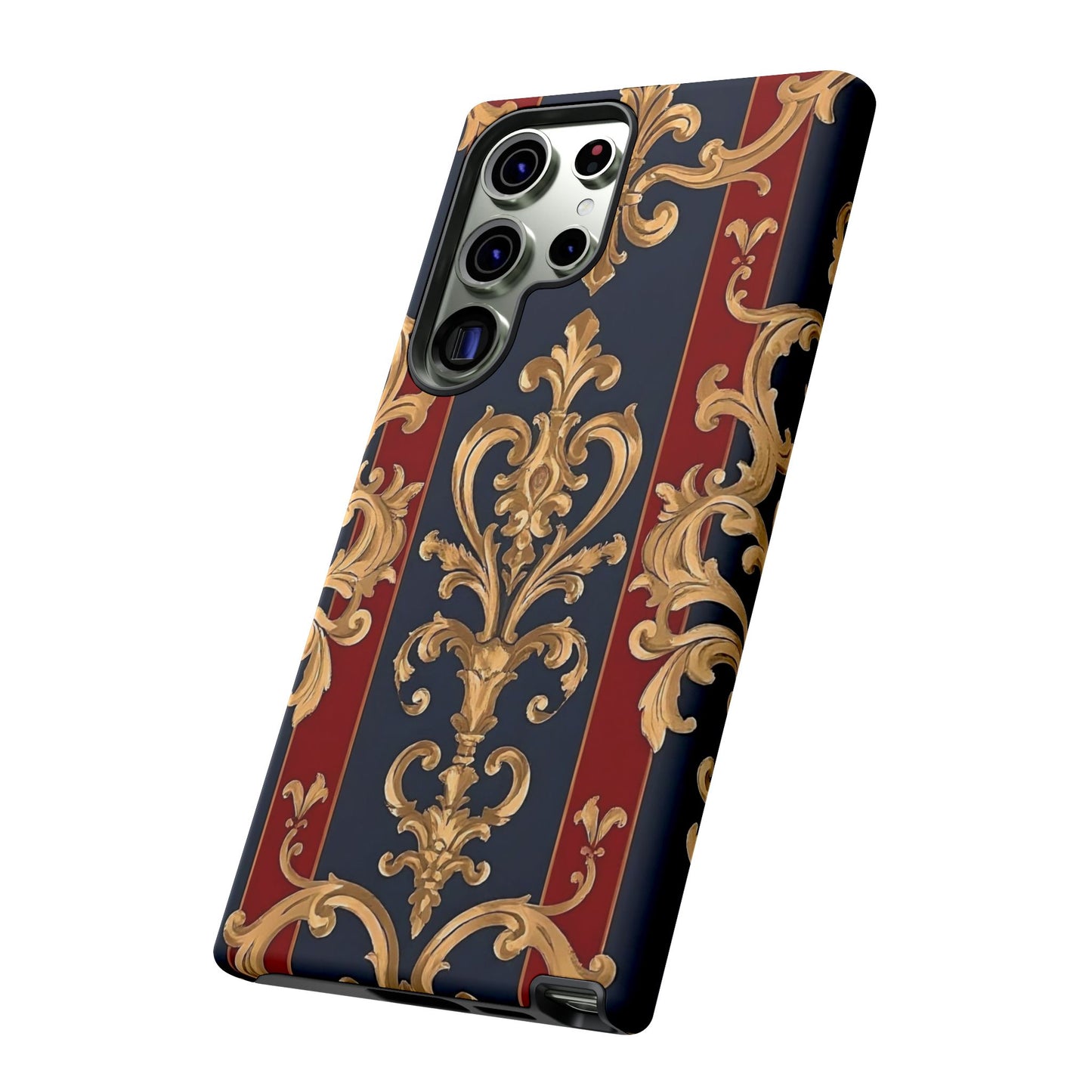 Elegant Floral Motif Phone Case - Tough Cases with Vintage Design - Midnight Blue & Dusk Red Striped Gold Damask