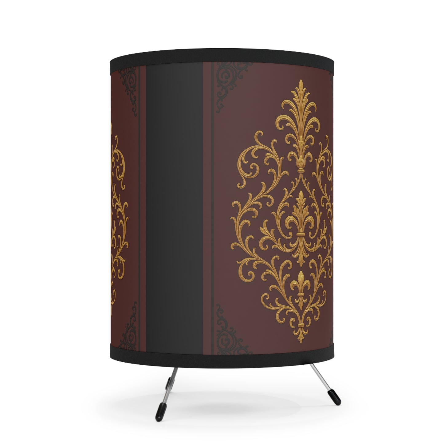 Dusk Burgundy-Black & Gold Baroque Tripod Lamp — Vintage Gold Baroque Printed Shade (US/CA Plug)