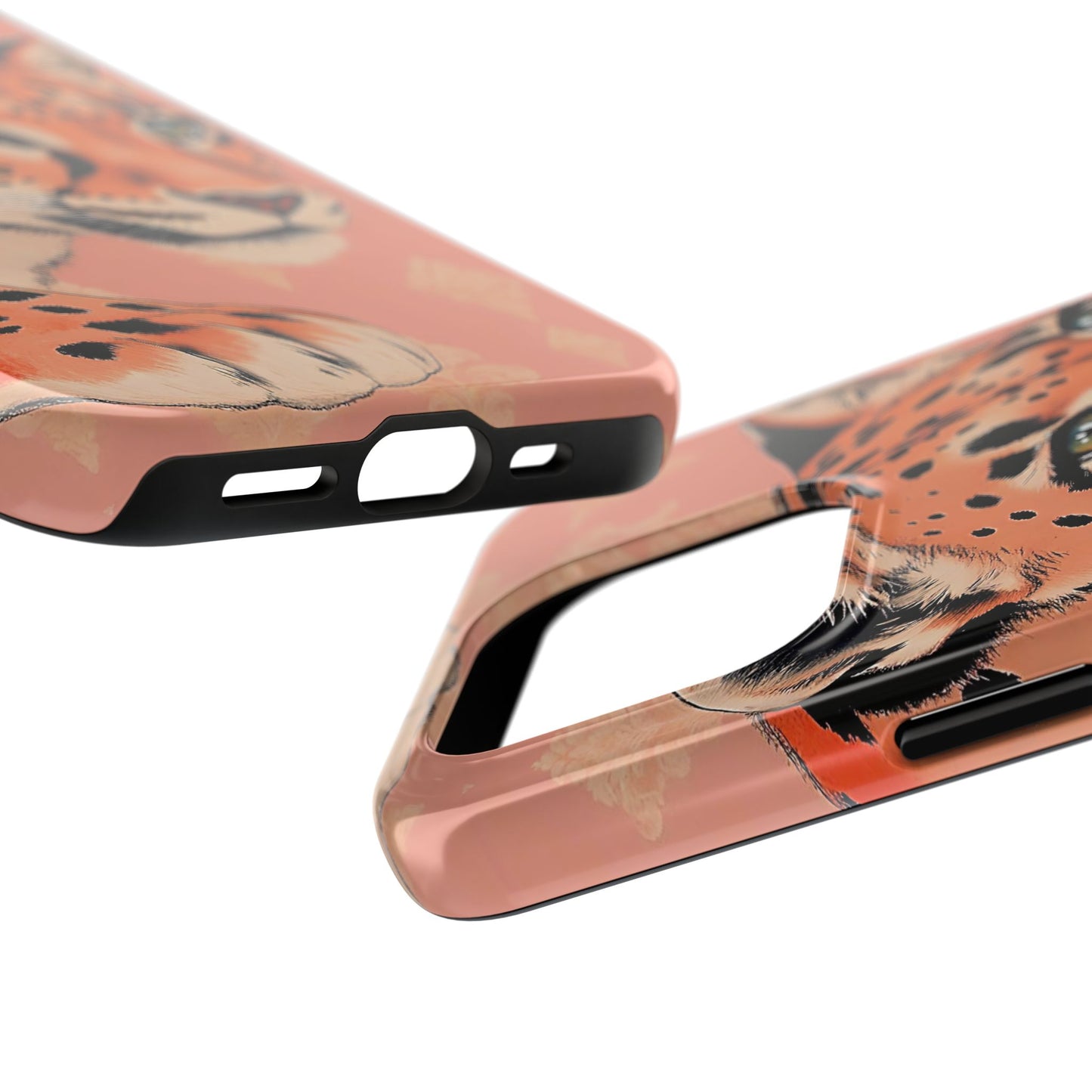 Leopard Tough Phone Case - Trendy Floral Motif Design for Animal Lovers - Peach Leopard & Damask