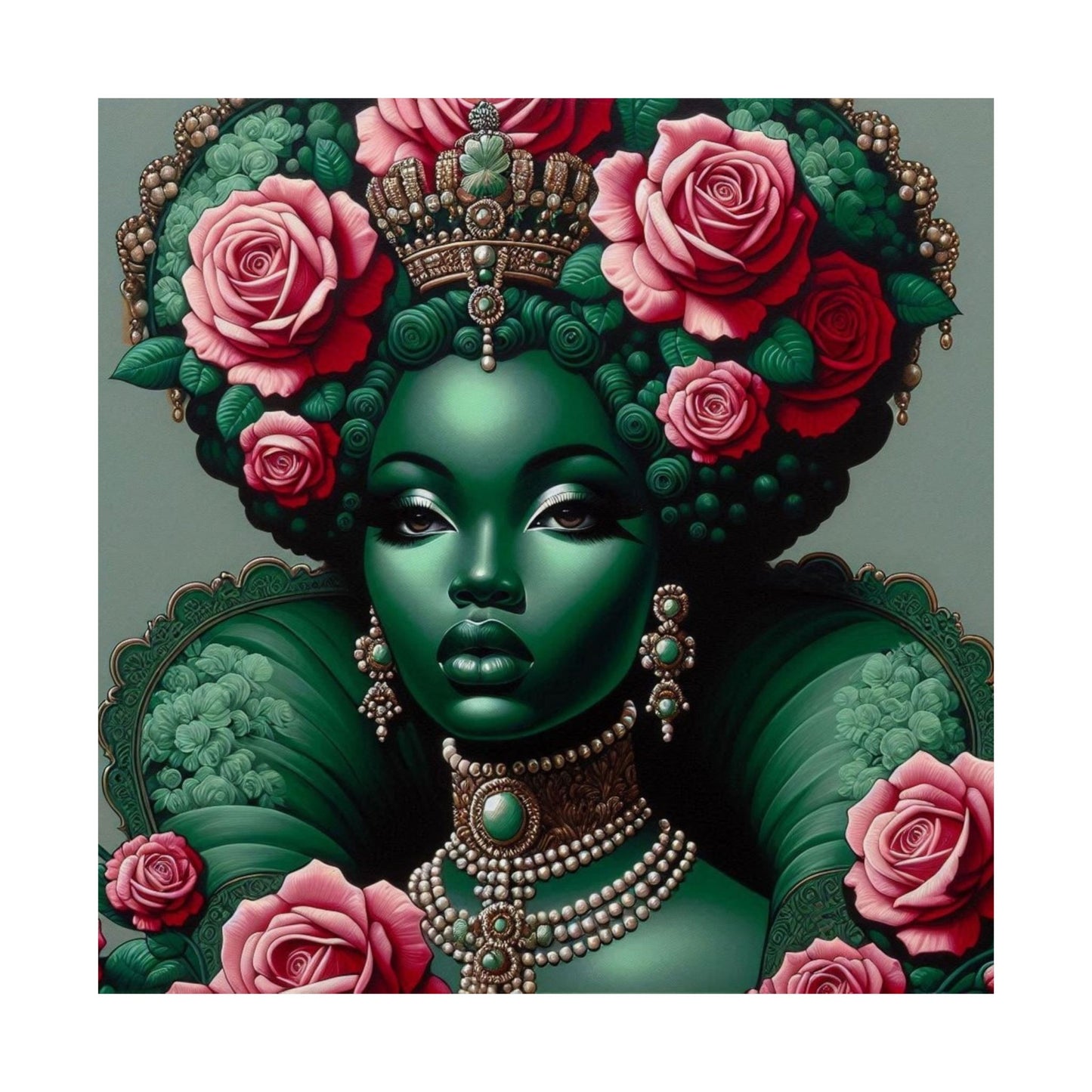 Floral Afro Art Poster - Elegant Matte Vertical Wall Decor - Green Lady With Roses
