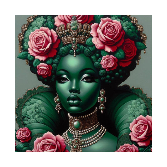 Floral Afro Art Poster - Elegant Matte Vertical Wall Decor - Green Lady With Roses