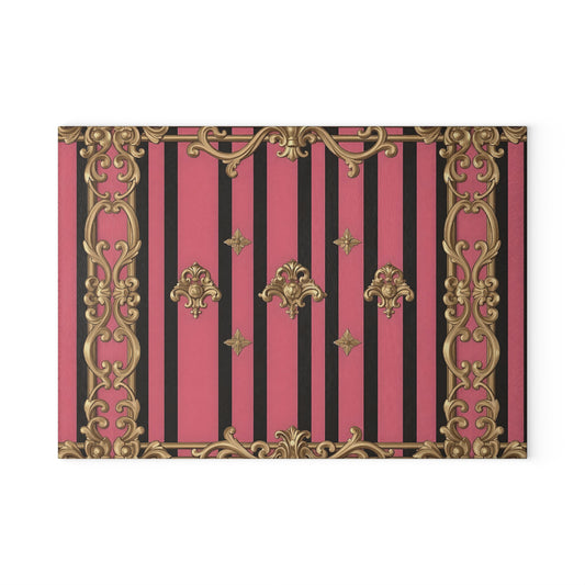 Elegant Vintage Style Glass Cutting Board, Kitchen Decor, Culinary Gift, Home Cooking, Housewarming Gift, Wedding Gift - Pink Striped Gold Rococo