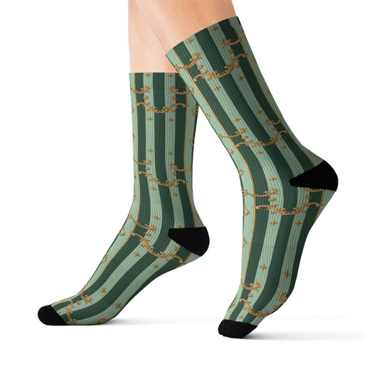 Chic Sublimation Socks for Everyday Comfort, Unique Fashion Socks, Gift for Him/Her, Stylish Casual Wear - Mint Green & Teal Striped Gold Baroque