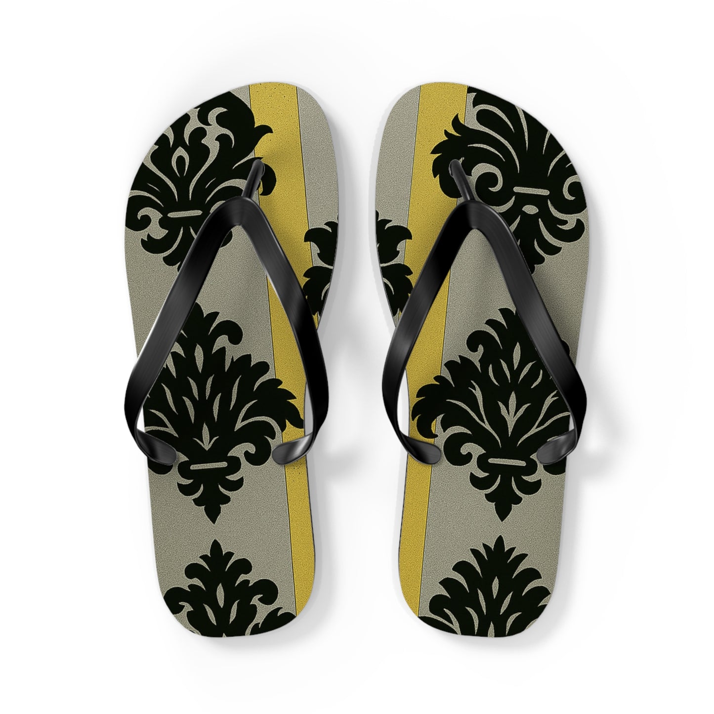 Stylish Flip Flops - Summer Sandals for Beach, Vacation, and Casual Wear - Silver & Gold Striped Black Baroque