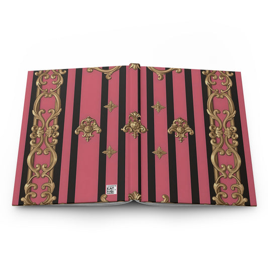 Elegant Pink and Gold Hard Cover Journal for Writing, Gifts, Notebook, Art Journal, Diary - Pink Striped Gold Rococo