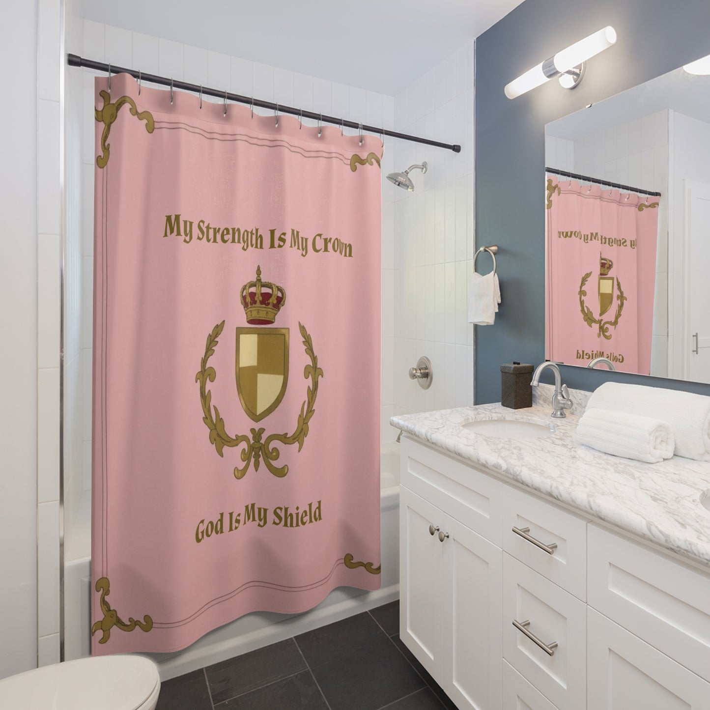 Crown & Crest Spiritual Quote Shower Curtain, Elegant Bathroom Decor, Faith-based Gift, Home Blessings, Self-Care Essentials