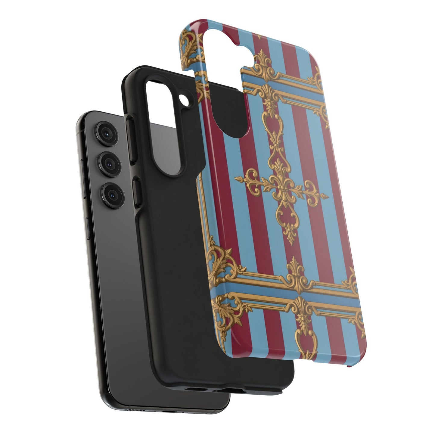 Elegant Patterned Tough Phone Cases, Stylish Phone Cover, Durable Phone Protection, Unique Gift Idea - Sky Blue & Maroon Striped Baroque
