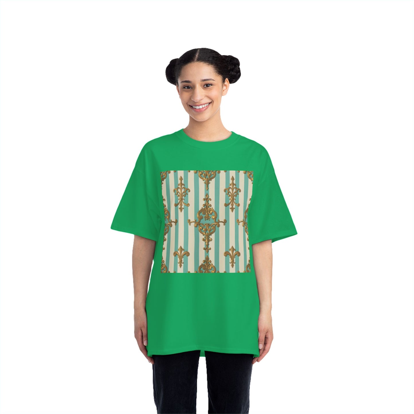 Elegant Patterned Short-Sleeve T-Shirt, Fashion Tee, Casual Wear, Gift for Her, Summer Style, Unique Design - Matte Green Striped Rococo