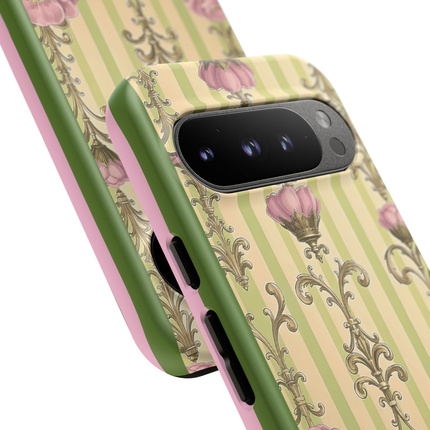 Elegant Floral Motif Phone Case - Tough Cases with Vintage Design - Lime Green & Pink Striped Damask