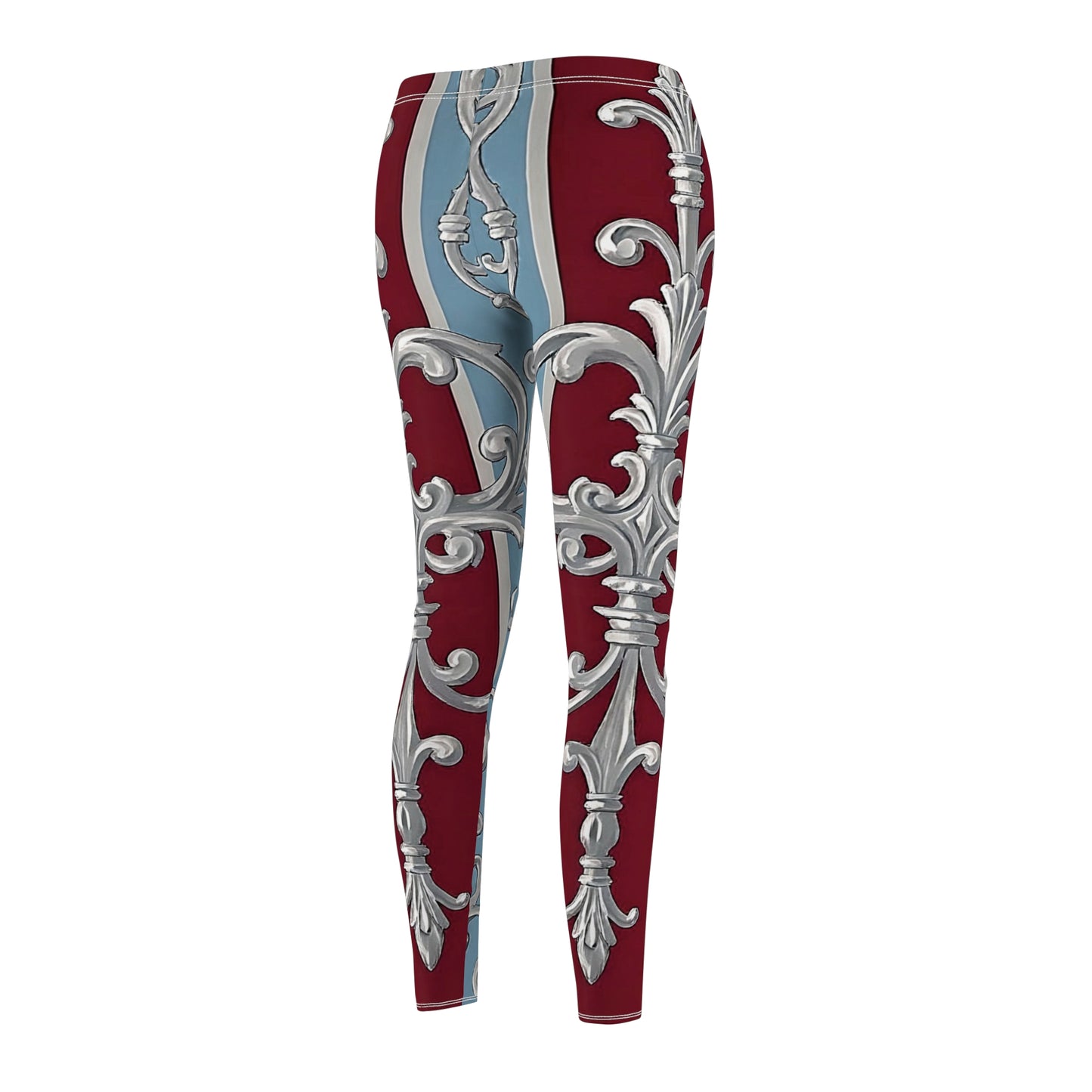 Elegant Floral Women's Leggings – Casual Comfort for Every Occasion - Ice Blue & Burgundy Striped Baroque