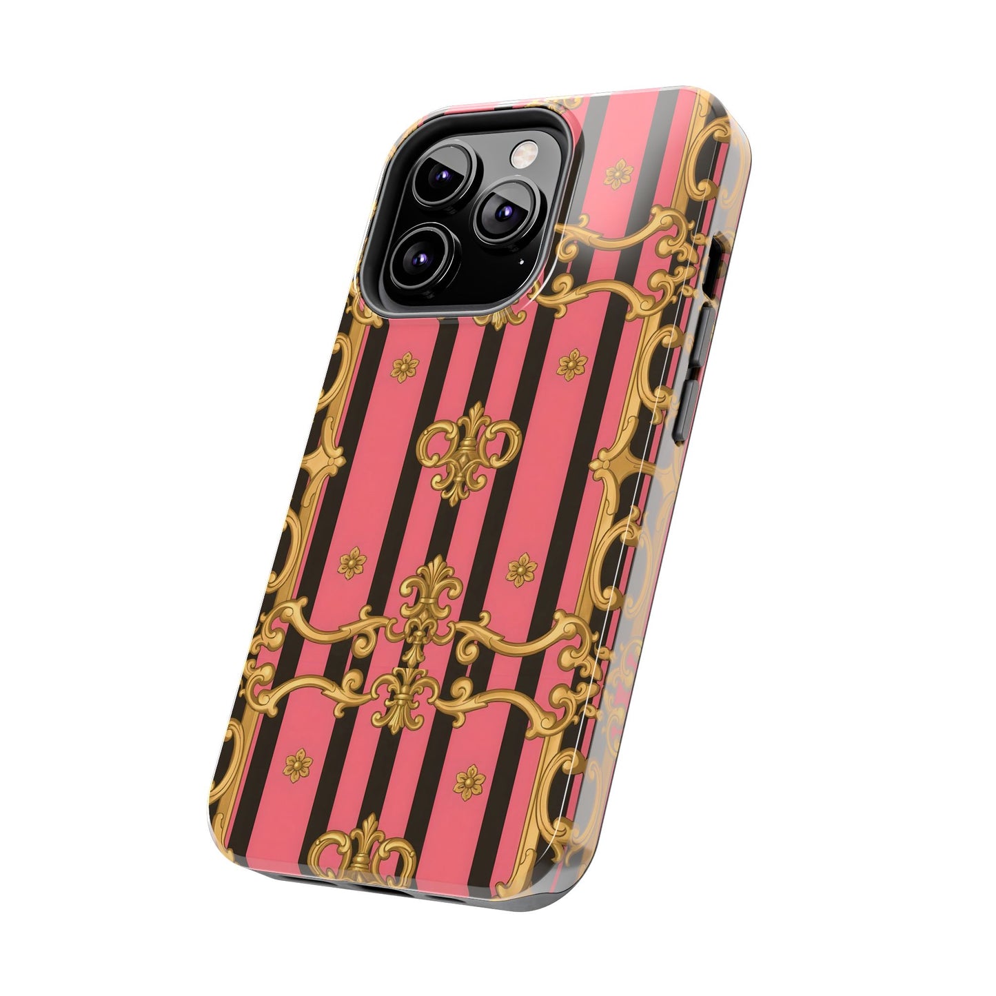Elegant Baroque Tough Phone Cases, Stylish Protection, Gift for Her, Trendy Accessory - Pink & Black Striped Gold Baroque