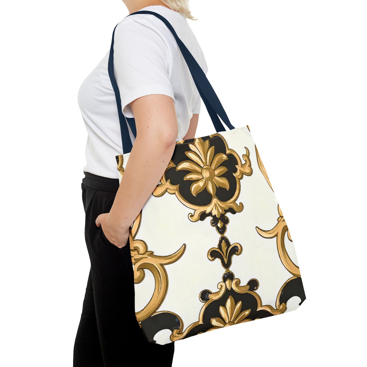 Elegant Floral Tote Bag | Stylish Reusable Bag for Everyday Use, Gift for Her, Shopping, Beach, Travel, Eco-Friendly - Black & Gold Rococo
