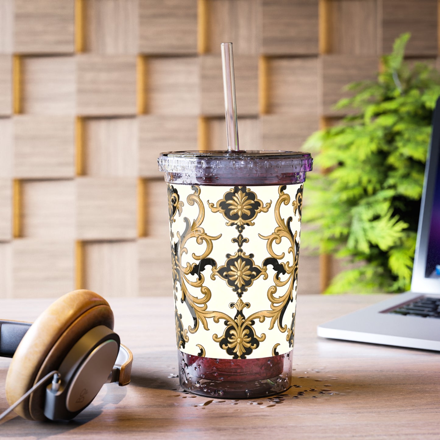 Elegant Insulated Acrylic Cup - Stylish Drinkware, Travel Mug, Summer Sips, Home Decor, Gift Idea - Black & Gold Rococo