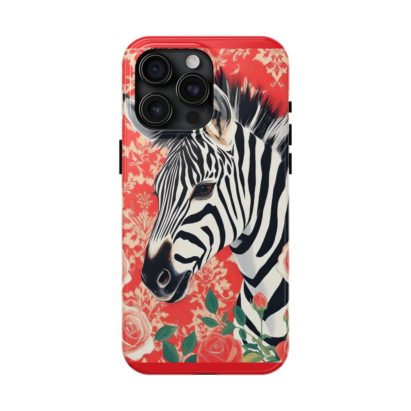 Zebra Tough Phone Case - Trendy Floral Design for Animal Lovers - Zebra With Coral Roses & Damask