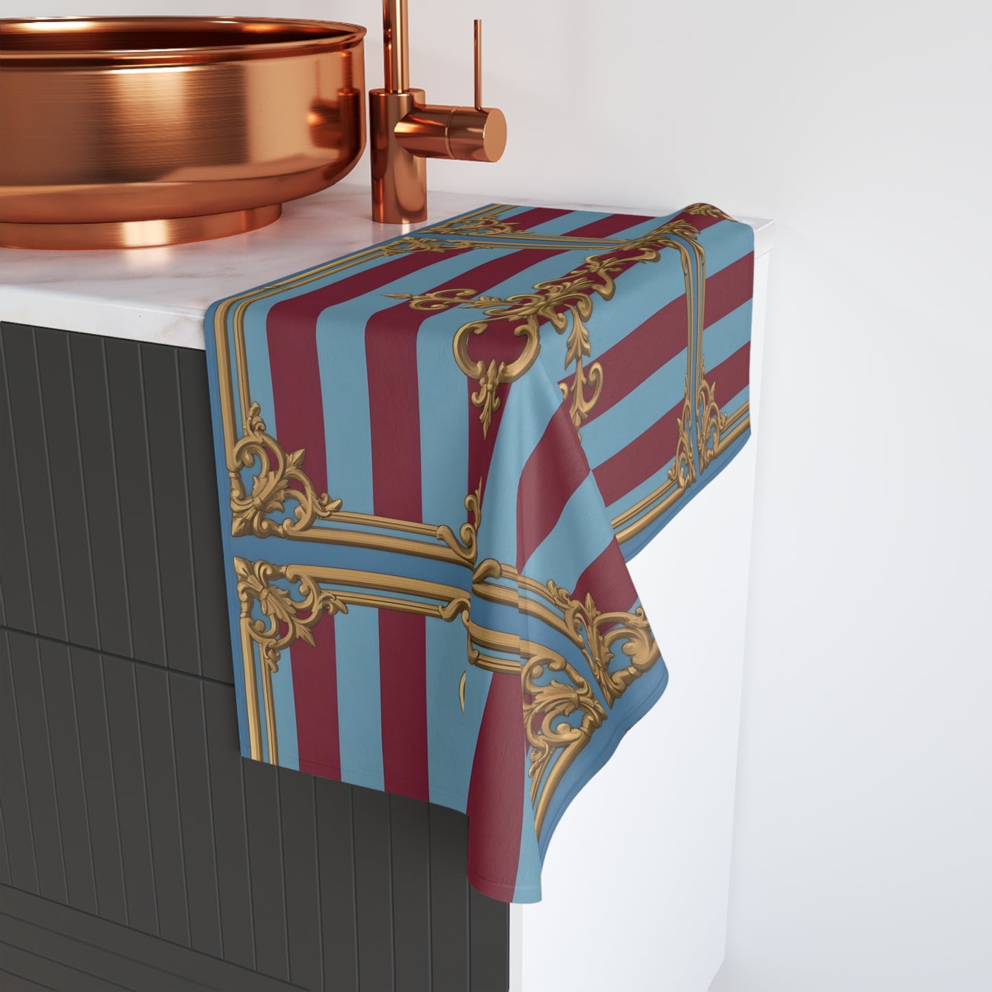 Elegant Red and Blue Decorative Hand Towel, Luxurious Bathroom Decor, French Style Kitchen Towel - Sky Blue & Maroon Striped Baroque