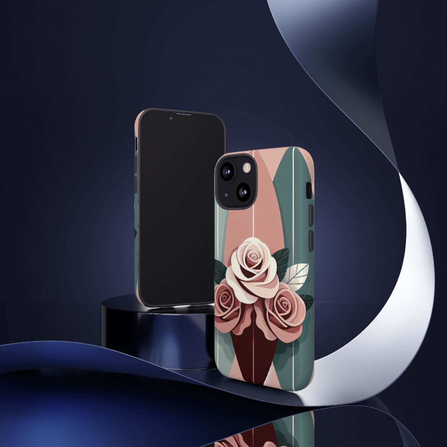 Phone Case - Burgundy, Matte Mauve & Teal Surfboard & Roses Design