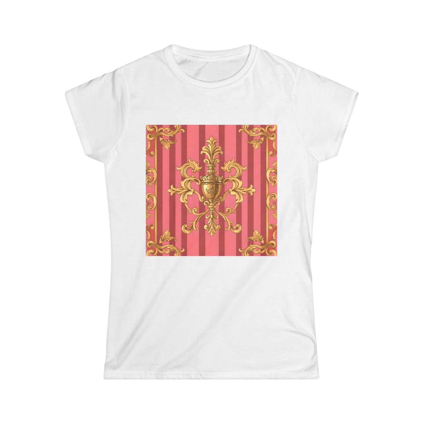 Chic Baroque Pattern Women's Softstyle Tee, Casual Summer Fashion, Gift for Her, Elegant Everyday Wear - Pink Striped Gold Baroque