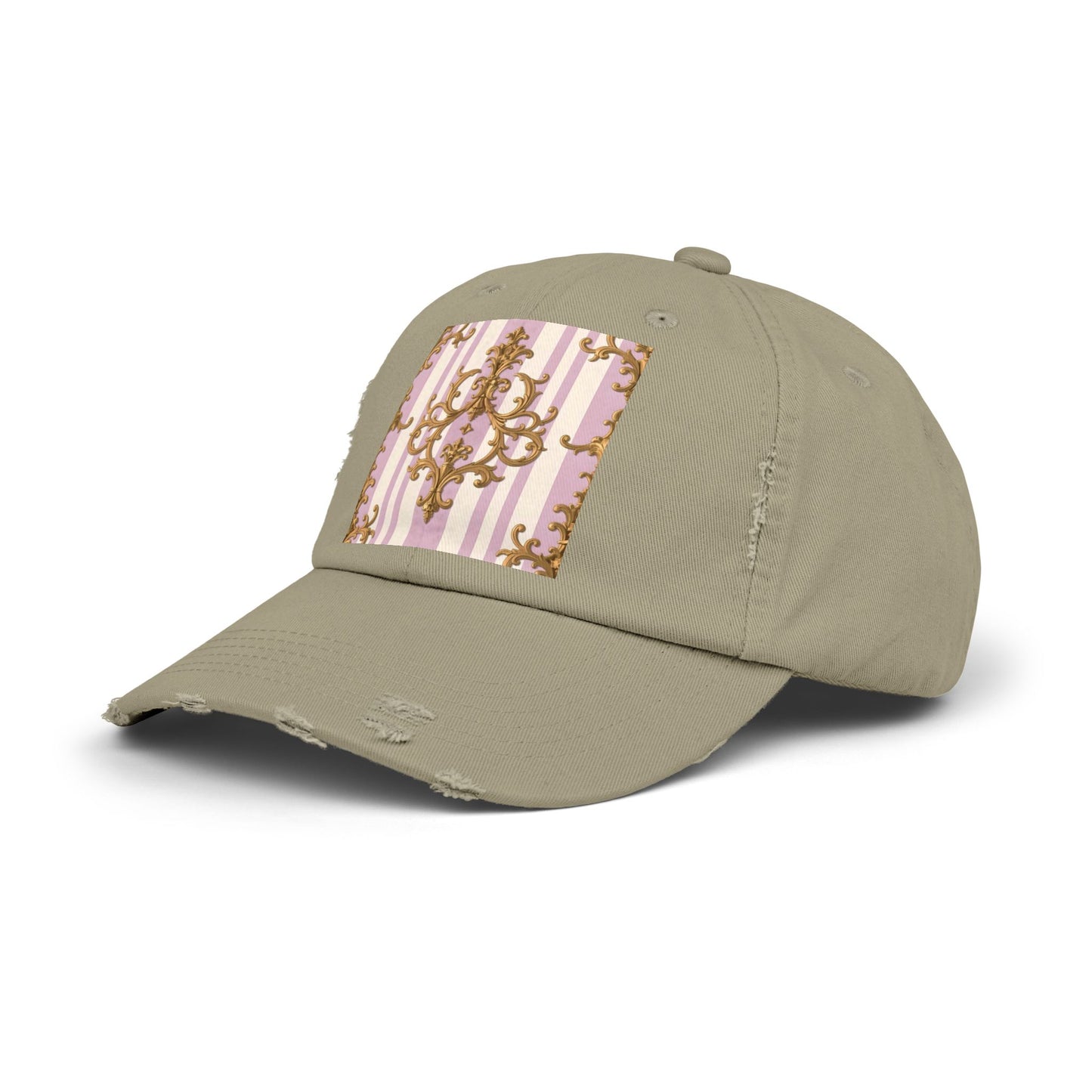 Chic Distressed Cap with Elegant Design | Trendy Accessory, Gift for Fashion Lovers, Perfect for Casual Outings - Lilac & Alabaster Striped Gold Baroque