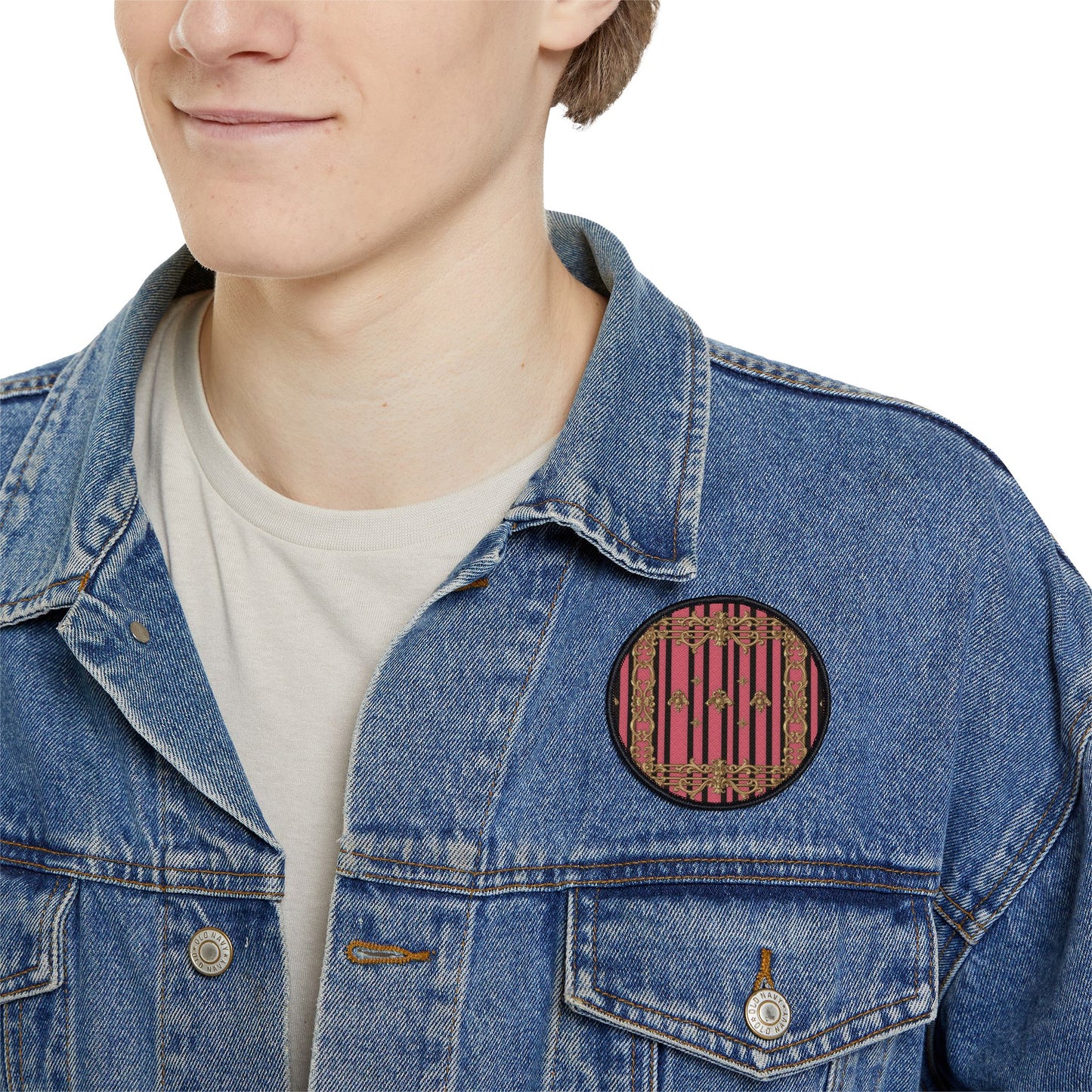Stylish Iron-On Patches for Jackets, Bags & More, Trendy Embellishments for Fashion Lovers - Pink Striped Gold Rococo