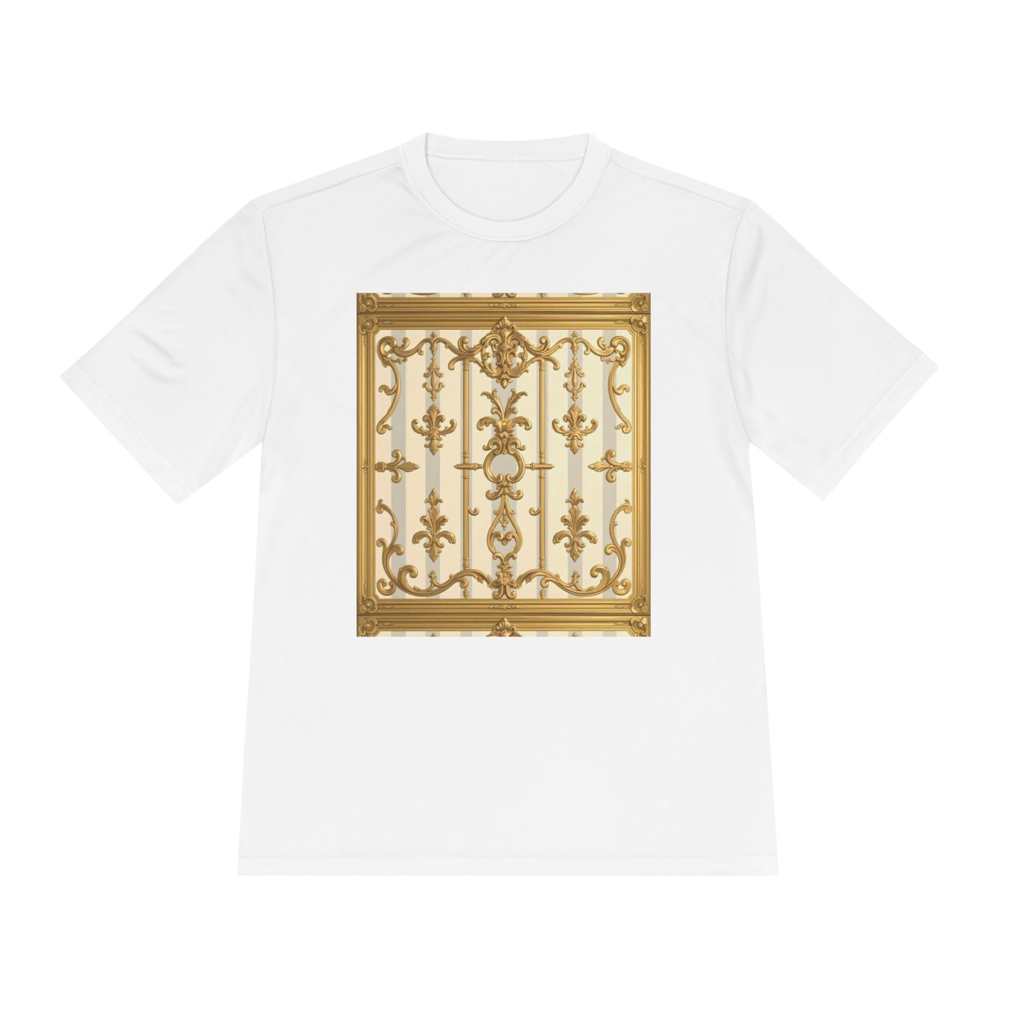 Elegant Gold Unisex Moisture Wicking Tee, Fashion Tee, Workout Shirt, Summer Style - Matte Gray & Cream Striped Gold Baroque