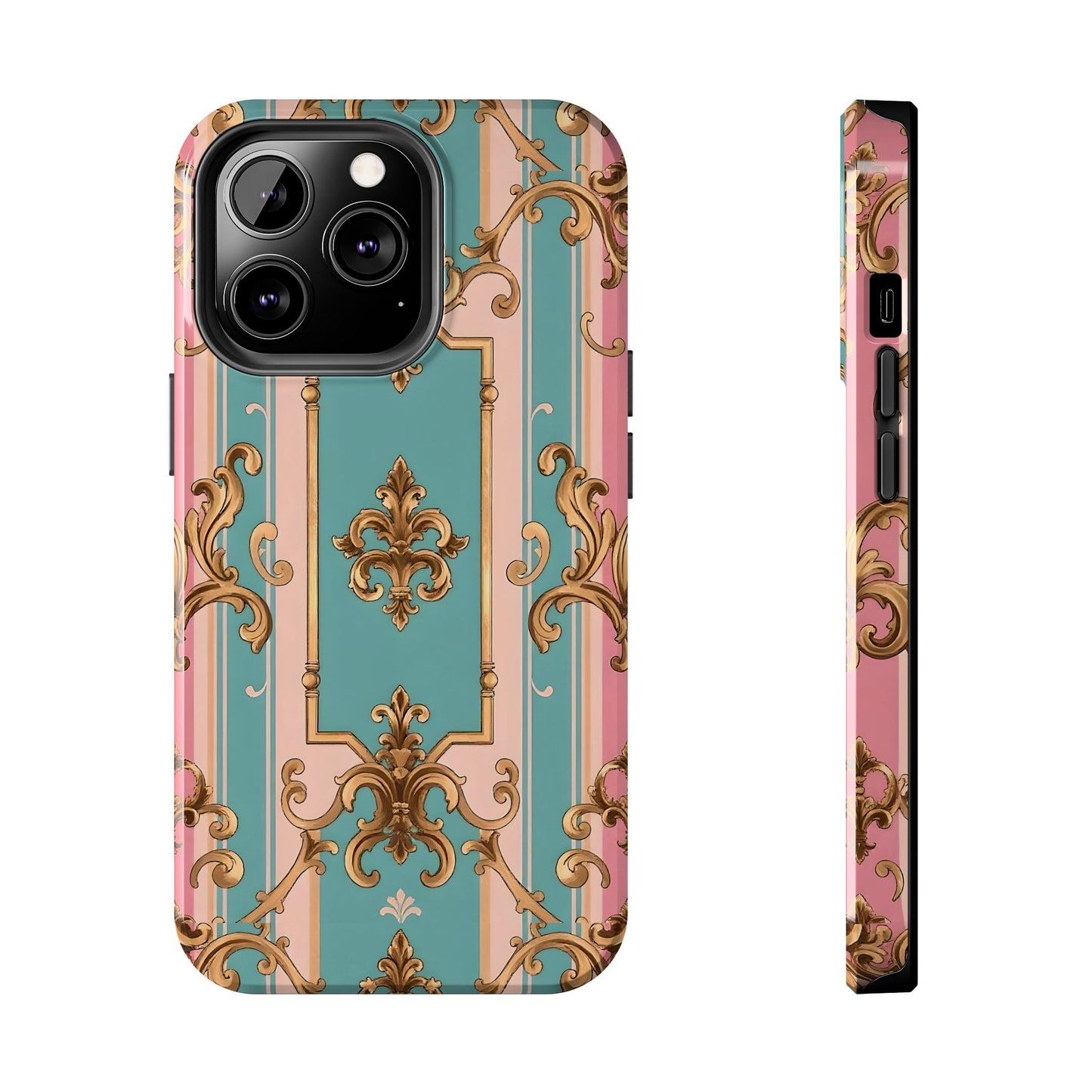Elegant Floral Tough Phone Case, Artistic Phone Cover, Gift for Her, Chic Phone Accessory - Pink & Matte Turquoise Striped Rococo