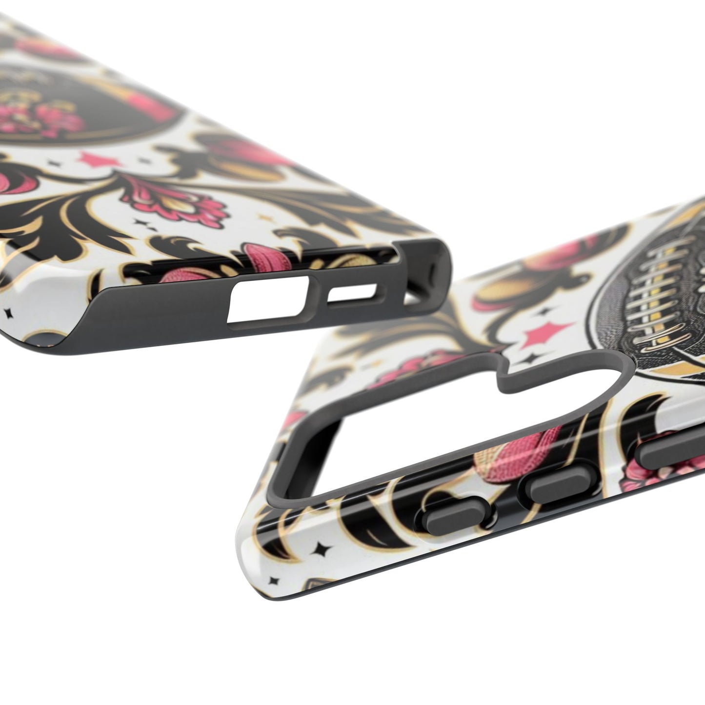 Elegant Floral Motif Phone Case - Tough Cases with Vintage Design - Damask White, Pink Gold & Black Football