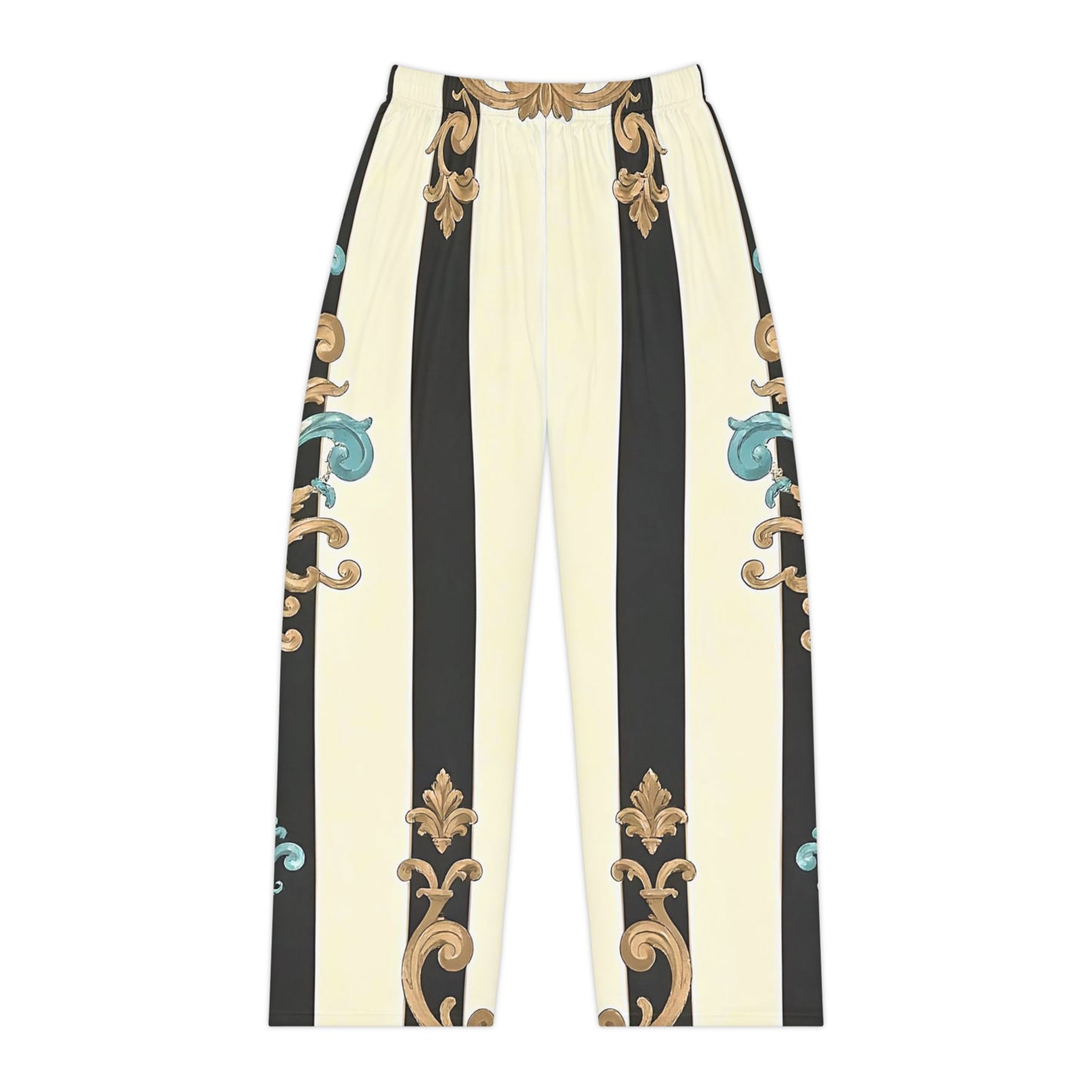 Elegant Floral Women's Pajama Pants, Stylish Loungewear, Cozy Sleepwear, Perfect Gift for Her - Black Striped Turquoise & Black Rococo