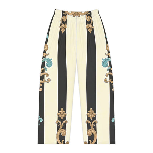 Elegant Floral Women's Pajama Pants, Stylish Loungewear, Cozy Sleepwear, Perfect Gift for Her - Black Striped Turquoise & Black Rococo