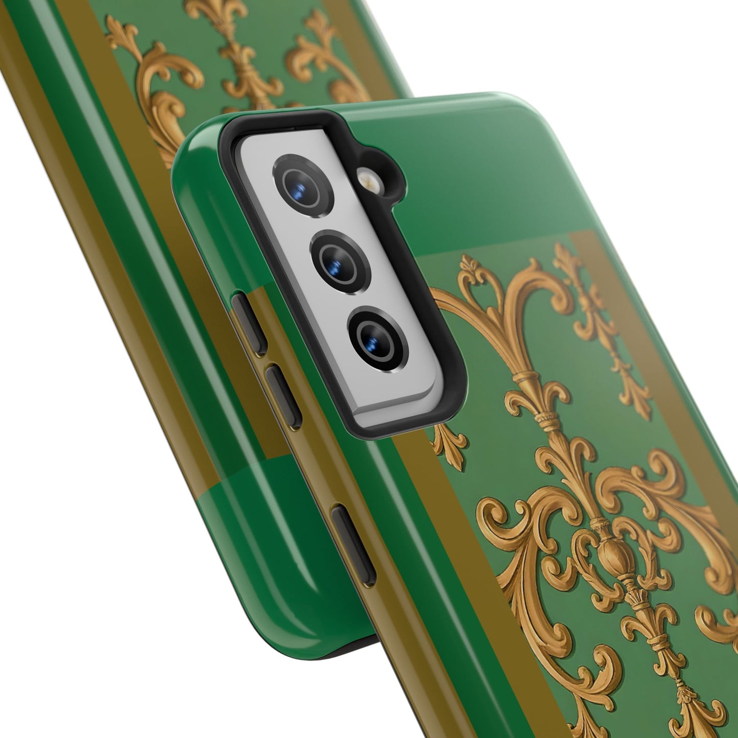 Elegant Floral Tough Phone Case, Durable Phone Cover, Gifts for Her, Stylish Protection, Chic Phone Accessory - Olive Green Striped Rococo