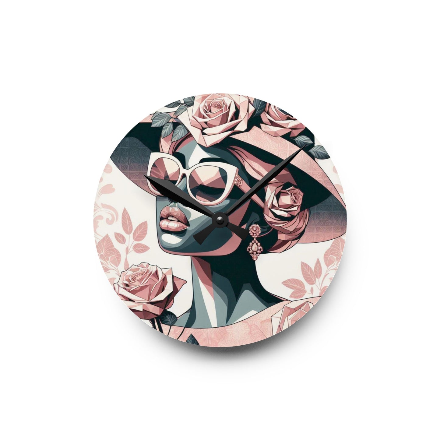 Elegant Floral Acrylic Wall Clock | Home Decor, Living Room Accent, Gift for Her, Art Clock, Modern Design - Pink & Matte Teal Lady