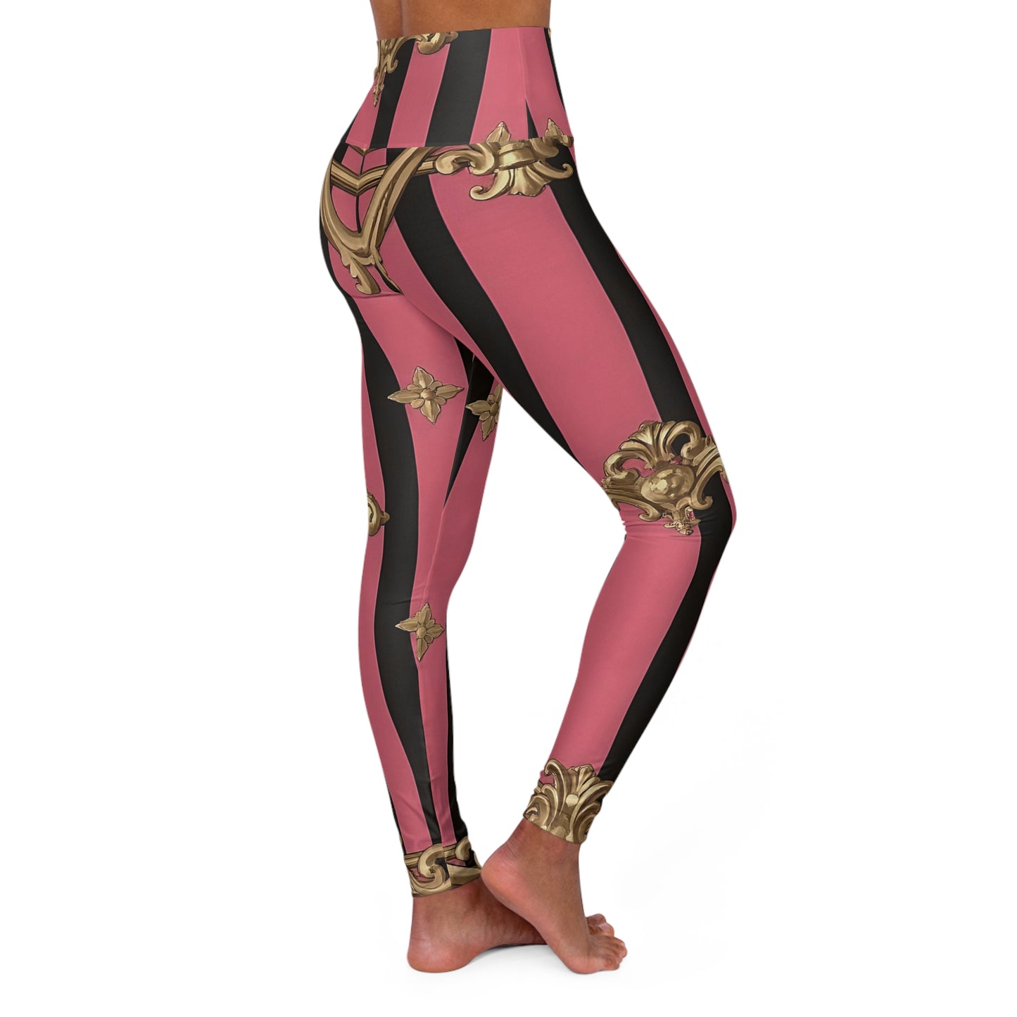 Chic High Waisted Yoga Leggings, Trendy Fitness Leggings, Stylish Workout Gear, Athleisure Wear, Gifts for Yoga Lovers - Pink Striped Gold Rococo