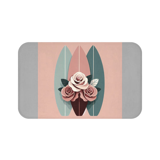 Vintage Floral Bath Mat - Stylish Home Decor for Relaxation - Burgundy, Matte Mauve & Teal Surfboard & Roses Design