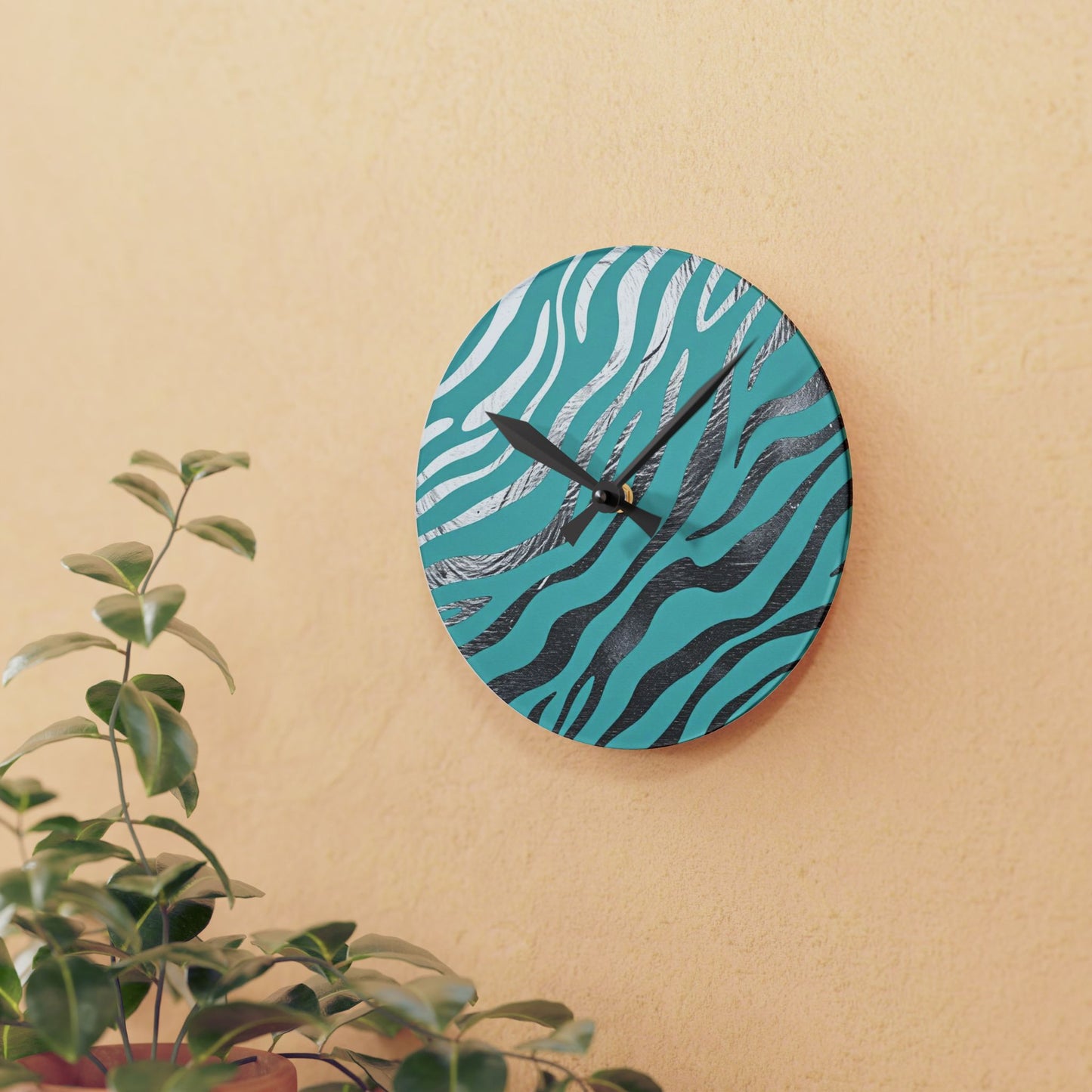 Stylish Zebra Print Acrylic Wall Clock - Modern Home Decor -  Aqua & Silver