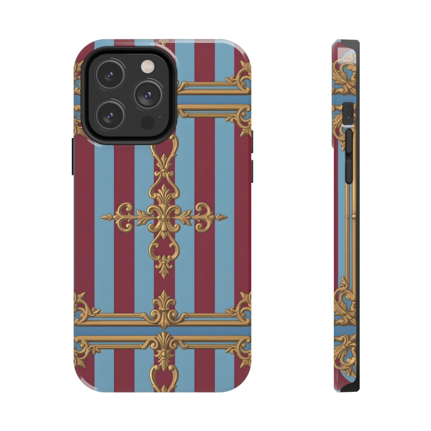 Elegant Patterned Tough Phone Cases, Stylish Phone Cover, Durable Phone Protection, Unique Gift Idea - Sky Blue & Maroon Striped Baroque