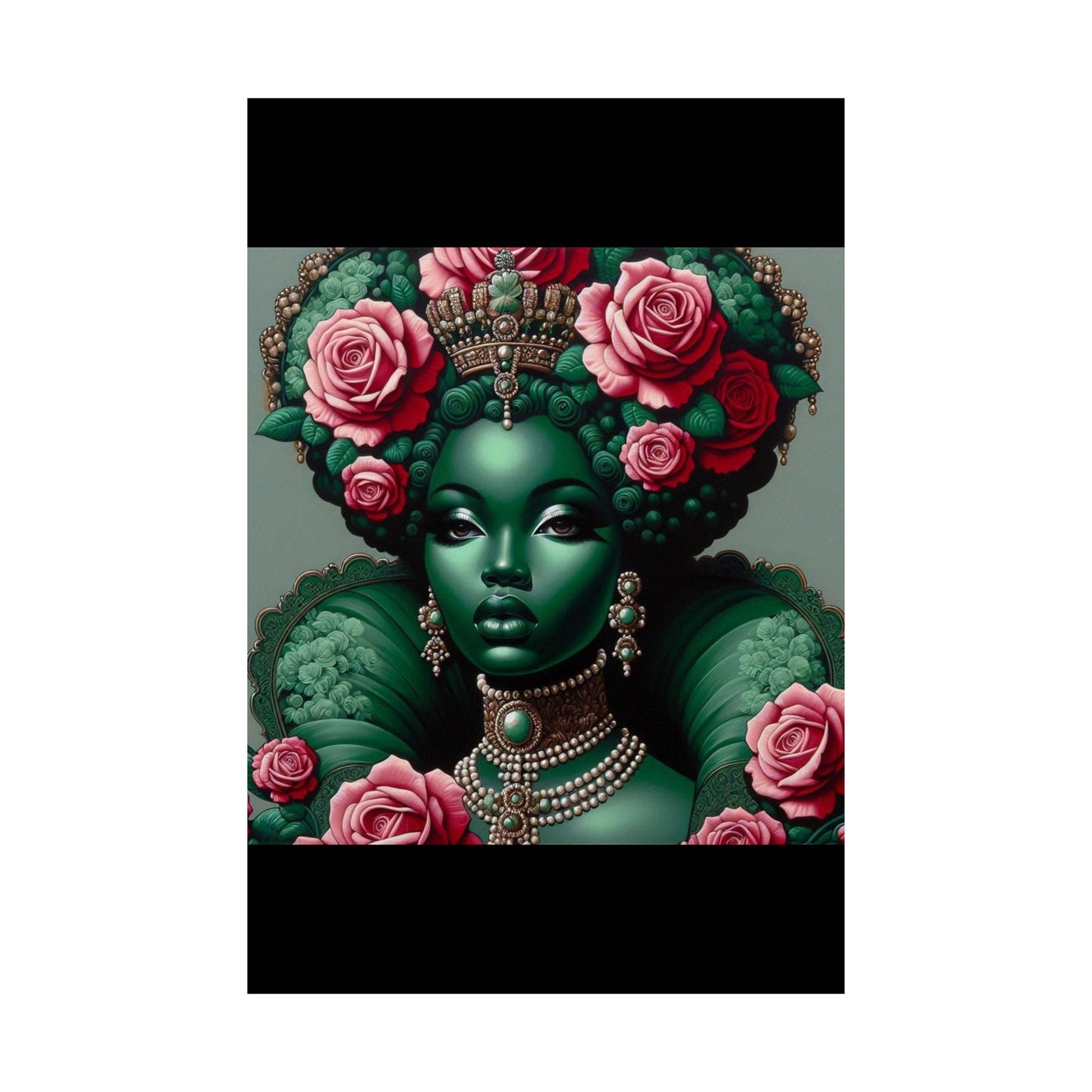 Floral Afro Art Poster - Elegant Matte Vertical Wall Decor - Green Lady With Roses