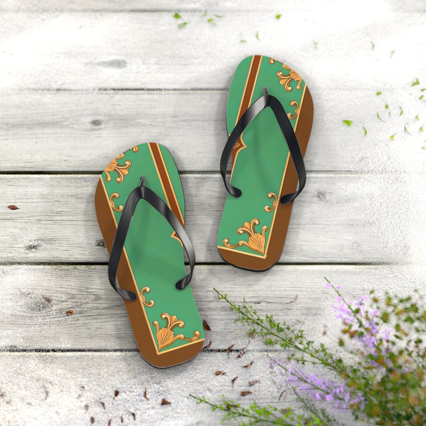 Elegant Floral Flip Flops for Summer Getaways - Rust & Green Striped Baroque