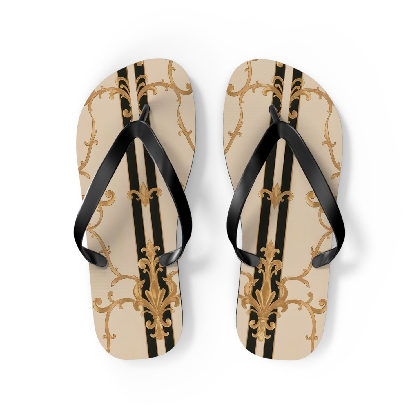 Chic Floral Flip Flops | Stylish Summer Sandals for Beach, Pool, Vacation, Travel, Fun In The Sun - Black & Beige Striped Damask